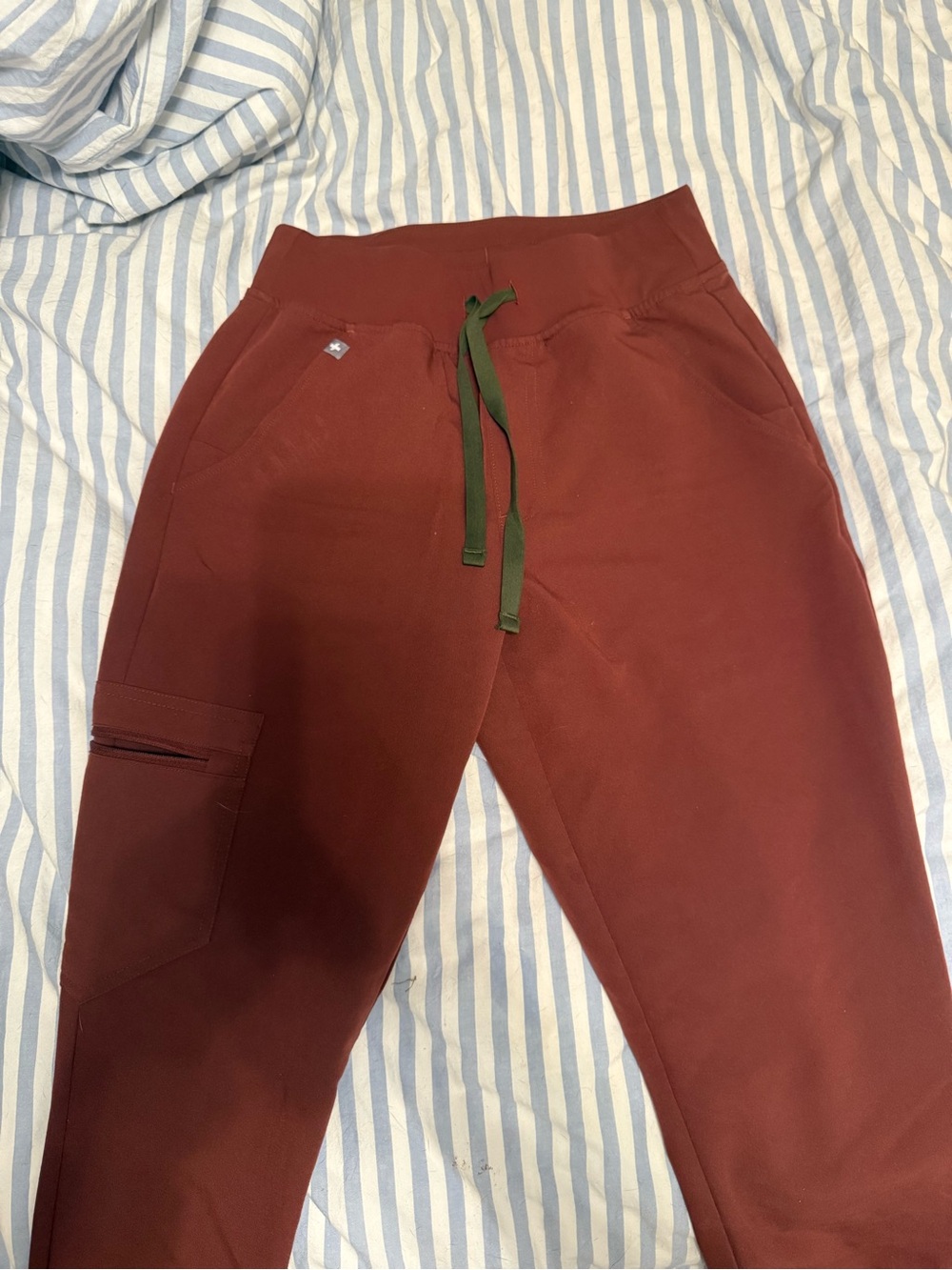 Figs Women's Burgundy Track Joggers with Green Drawstring